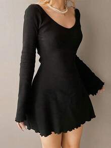 1pc Solid Color Casual Knit Fabric Frill Trim Off The Shoulder Dress, Suitable For Spring/Autumn Date Night - Black - View 7