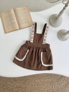 Baby Girl Sweet Lace Trim Floral Ribbon Corduroy Ditsy Floral Suspender Dress, Spring/Autumn - Brown - View 8