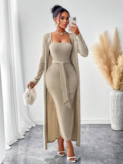 AIJ Amarilo Women's Casual And Elegant Style Behind-Slit Ribbed Solid Color Spaghetti Strap Midi Dress & Coat 2Pcs Set With Side Waist Tie