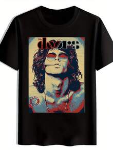 Men's Jim Morrison Graphic-Shirt - Vintage Rock Band Print Short Sleeve Tee, Black Regular Fit Casual Summer Top, Washable, Rock And Roll Shirts, Everyday Clothing, Bold Design Apparel, Lightweight Fabric, Comfortable Fit Shirt - 黑色 - 查看 2