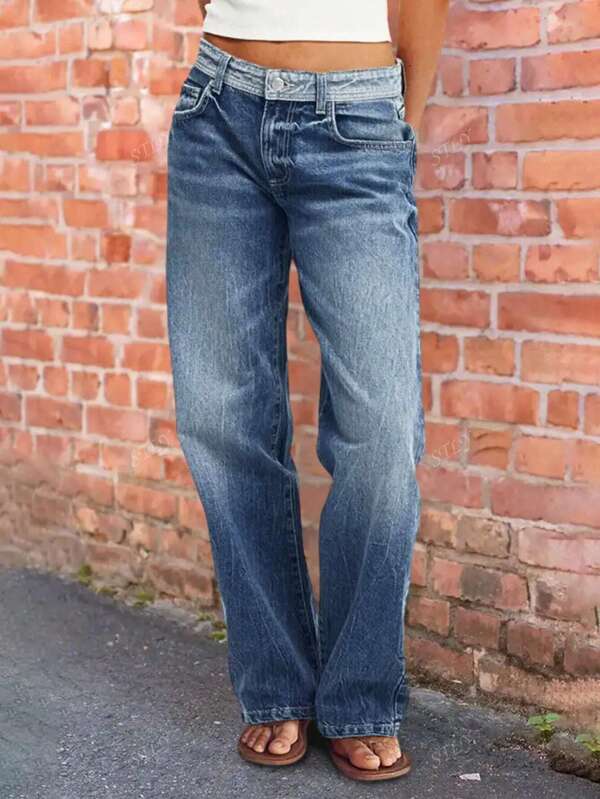 STLY Women's Autumn/Winter Baggy Jeans, Classic Retro Street Western Style Mid-Rise Straight Leg Washed Denim Trousers, Elegant Bohemian Pockets Casual Jeans Suitable For Daily, Airport, Music Festival, All Season