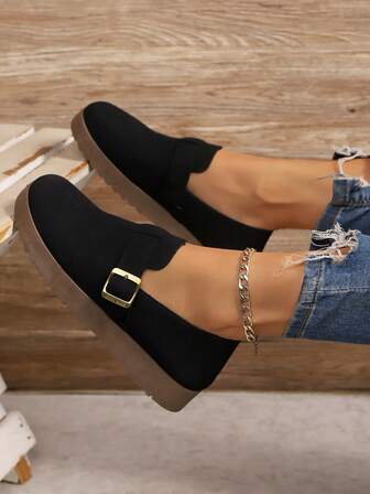 女士复古平底乐福鞋，时尚搭扣设计，圆头休闲软底一脚蹬平底鞋，轻便百搭春秋季平底鞋