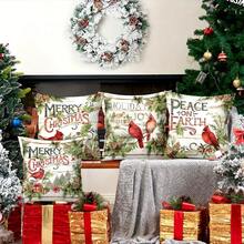 4pcs/280pcs Christmas Theme Pillow Covers, Green Leaf & Red Bird Pattern, Suitable For Christmas Living Room Bedroom Sofa Decor, 45x45cm Pillow Covers, Christmas Party Decoration, Christmas Party Restaurant Decor, Party Atmosphere Decoration, Without Pillow Insert, Suitable For Daily, Holiday, Party - Green Leaves Cardinal - View 4