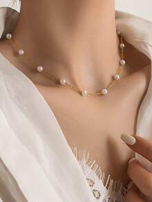 1 Peça Colar de Aço Inoxidável com Pérola Falsa, Design Vintage, Moderno e Minimalista, Adequado para Uso Diário, Reuniões, Festivais e Festas