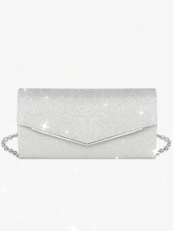 1pc Shiny Silver Women's Evening Clutch Bag, Elegant Sparkling Polyester Wallet With Detachable Chain, Suitable For Banquet, Ball, Wedding
