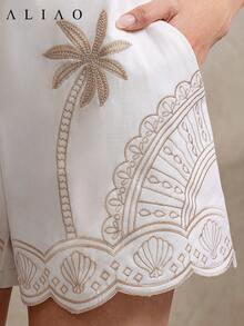 Aliao 优雅通勤刺绣腰带 A 字短裤，女士度假风短裤，优雅夏季，商务休闲，舒适短裤，白色长裤，沙滩装 - 杏色 - 查看 2