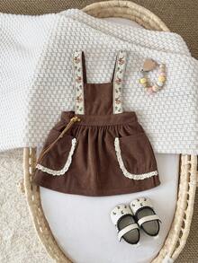 Baby Girl Sweet Lace Trim Floral Ribbon Corduroy Ditsy Floral Suspender Dress, Spring/Autumn - Brown - View 2