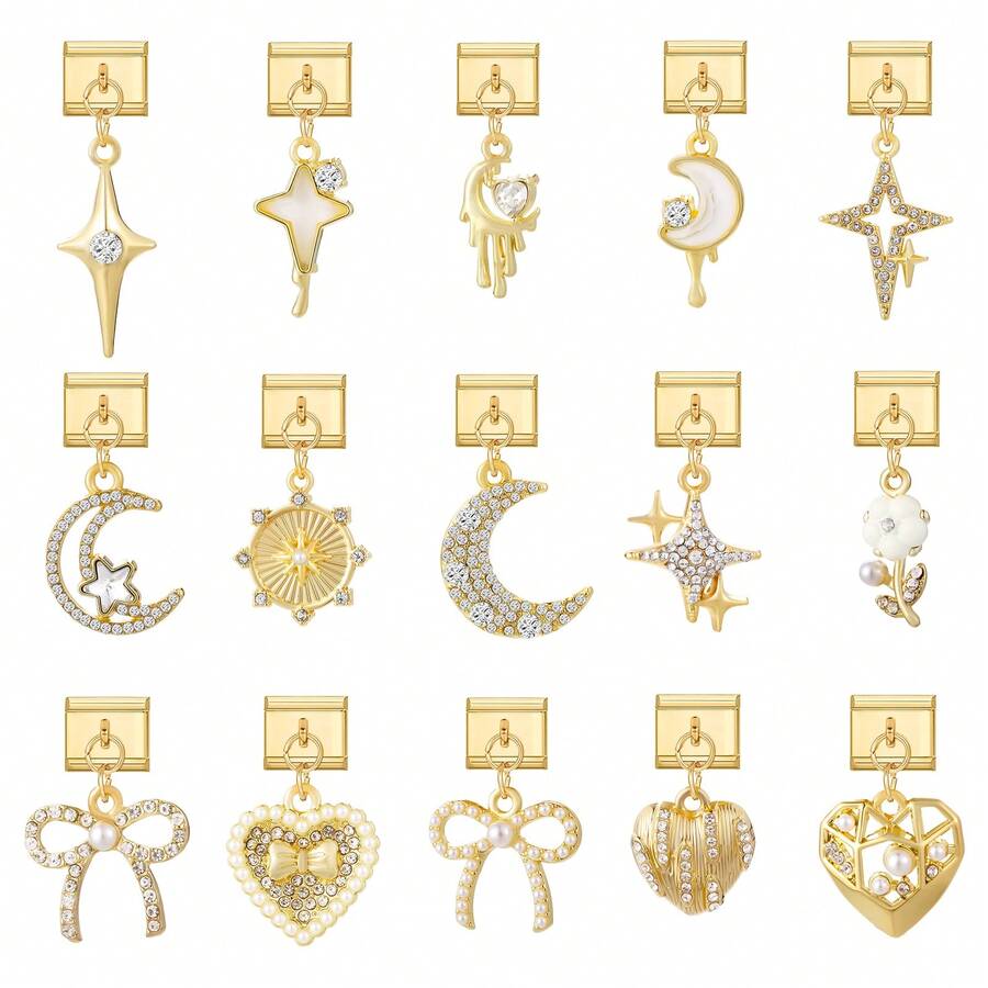 Pulseira modular com pingente interligável, decorada com elementos de coração, laço, lua e flor. Ideal como presente para amigos/casais, perfeita para Natal, Ano Novo, Halloween e Dia dos Namorados. Design encantador, joia em aço inoxidável, produto local, prático e moderno. Essencial para o Natal e o Halloween. Tons outonais, estilo natalino. - M291408 M291580 M292448 - Ver 1