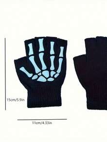 1 Pair Punk Gloves Unisex Halloween Skeleton Skull Half Finger Gloves Glow In The Dark Fingerless Stretch Knitted Mittens - Black and White - View 6