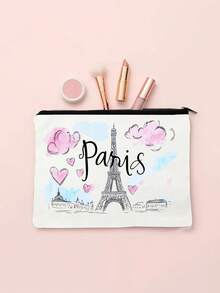 1pc Cartoon Romantic Paris Eiffel Tower Pattern Makeup Bag, Charger Storage, Gift For Friends - Multicolor - View 7