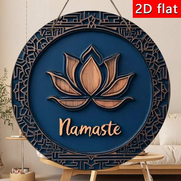 1 pieza Decoración de pared de madera vintage Namaste, adecuada para el símbolo de loto de meditación y yoga, acentuada en azul marino y dorado, adecuada para el hogar, la cafetería, el jardín, el patio - Placa colgante para interiores/exteriores, decoración de cafetería, placa y adorno de decoración del hogar zen
