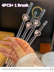 6pcs Cute Pink Heart-Shaped Glass Straws - Reusable Drinkware Set With Cleaning Brushes | Shatter-Resistant Milky Tea Smoothie Accessories, Perfect For Bachelorette Party & Bridal Engagement Decor Gift, Girlfriend Gift - Multicolor - View 16