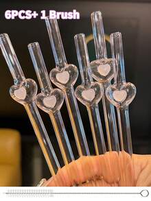 6pcs Cute Pink Heart-Shaped Glass Straws - Reusable Drinkware Set With Cleaning Brushes | Shatter-Resistant Milky Tea Smoothie Accessories, Perfect For Bachelorette Party & Bridal Engagement Decor Gift, Girlfriend Gift - Multicolor - View 15