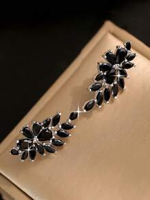 1 对奢华羽毛形黑色耳钉，适合女士，适合返校季，方晶锆石，礼物，日常佩戴，铜饰品