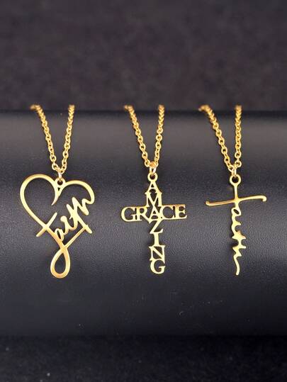 3pcs Stainless Steel Gold Plated Heart Shaped Letter "Amazing Grace" Faith Cross Church Prayer Religious Pendant Necklace Set