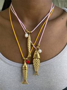 Summer Ocean Series Stainless Steel Fish Pendant Necklace, Colorful Rope Necklace, Fashionable & Unique