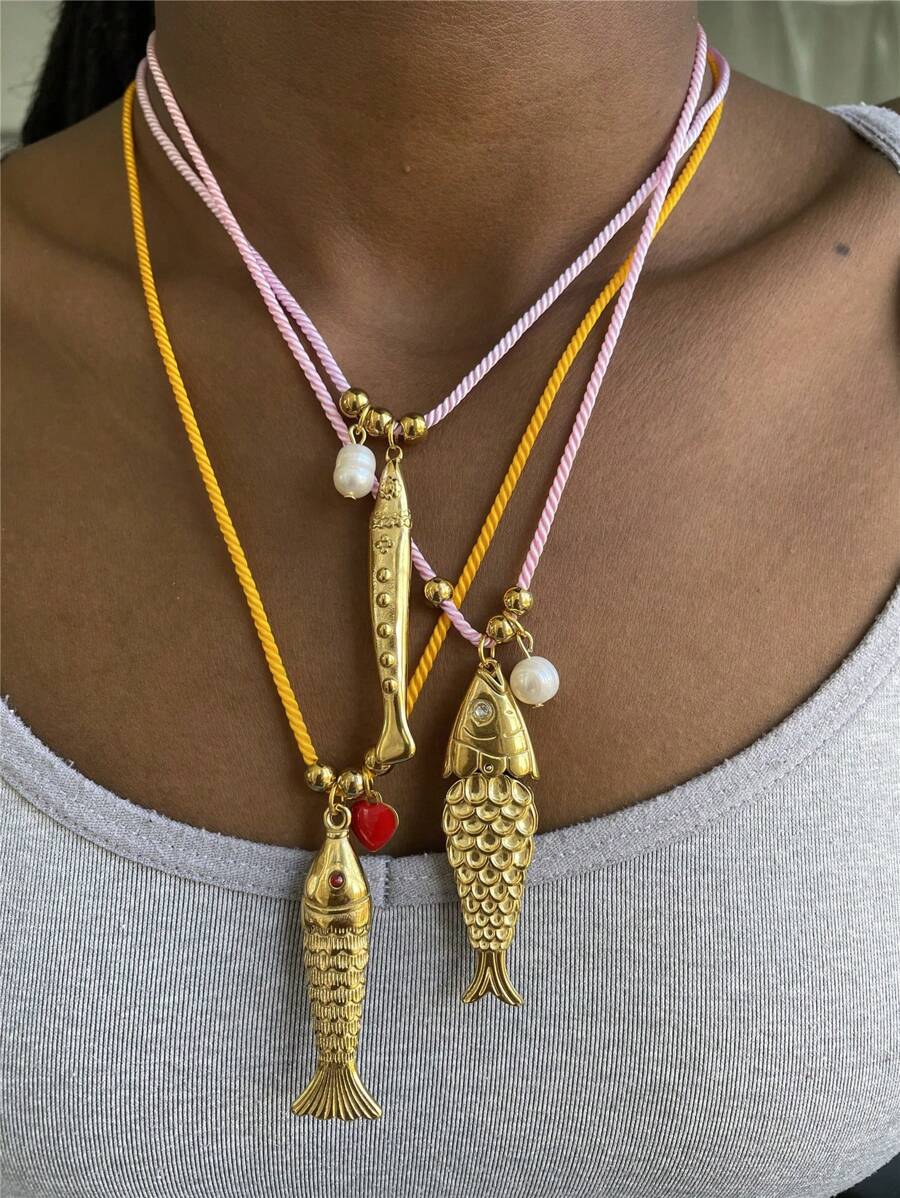 Summer Ocean Series Stainless Steel Fish Pendant Necklace, Colorful Rope Necklace, Fashionable & Unique