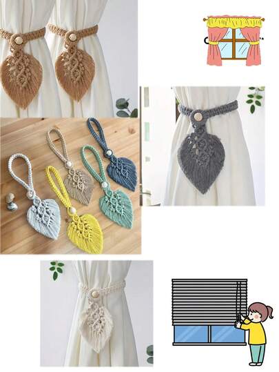 1pc Bohemian Style Leaf Woven Cotton Curtain Tie Back, Handmade Macrame Wall Hanging Curtain Strap With Tassel Pendant, Boho Curtain Holder For Living Room Bedroom Decor