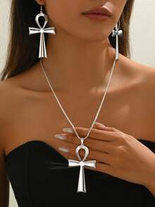 1 Set Fashion Minimalist Creative Ancient Egypt Ankh Cross Pendant Necklace & Earrings, Suitable For Women's Daily Wear - Gold - View 10