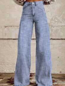Womens High Rise Jeans Retro Classic Striped Print Wide Leg Denim Pants Boyfriend Jeans With Pockets - 藍色 - 查看 2