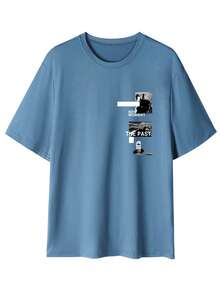 Men's Graphic Print Round Neck Short Sleeve T-Shirt, Summer - Blue - View 2