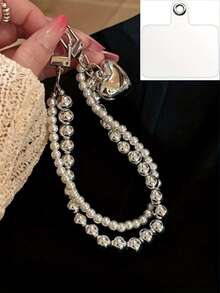1-2pcs Minimalist Pearl Double Chain Heart Shaped Short Phone Lanyard, Versatile Anti-Lost Phone Charm - Silver - View 2