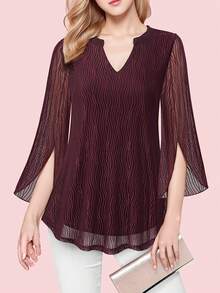 CheersLife 女式七分袖花卉束腰上衣 V 领双层宽松网眼衬衫 - 酒紅色 - 查看 1