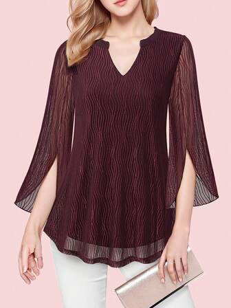 CheersLife Women's 3/4 Sleeve Floral Tunic Tops V Neck Double Layers Loose Fit Mesh Blouses Shirt