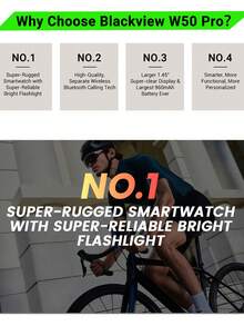 BLACKVIEW Smart Watch W50 Pro Global Version 1.45-Inch Super-Clear Display & Largest 960mAh Battery 360*360 Resolution Super-Bright LED Flashlight GoMore Sleep Tracking Algorithms Supports 22 Languages High-Quality Separate Wireless BT Calling Compatible With IOS/Android - Black - View 4