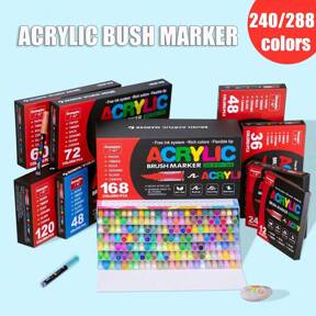  GuangNa 12/24/36/120/168/240/288 Kleur 1 Set Direct Liquid Soft Acryl Marker Pennen, Zachte Kop Grote Capaciteit Studenten Gebruiken Kunst Schilderen Kleurboek Vulpen Diy Graffiti Handgeschilderde Wit Zwart Goud Zilver Kleur Marker Papier-Ondoorzichtige Stapelbare Marker Pen 12 Kleuren / 24 Kleuren / 36 Kleuren