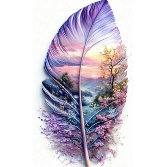 大型羽毛艺术钻石画套件，DIY 手工钻石画套装，充满活力的自然主题设计，柔和的色调和山景，无框创意工艺礼品，适合家居装饰，非常适合入口、书房、卧室，DIY 工艺套件 | 充满活力的钻石画套件 | DIY 工艺套件，羽毛装饰