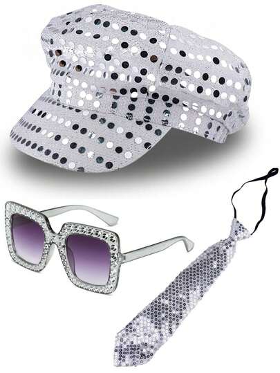 3pcs/Set Sequin Hat + Glasses + Tie Vintage Beret Hat, Halloween Performance Costume Accessories Pumpkin Vampire Costume Autumn