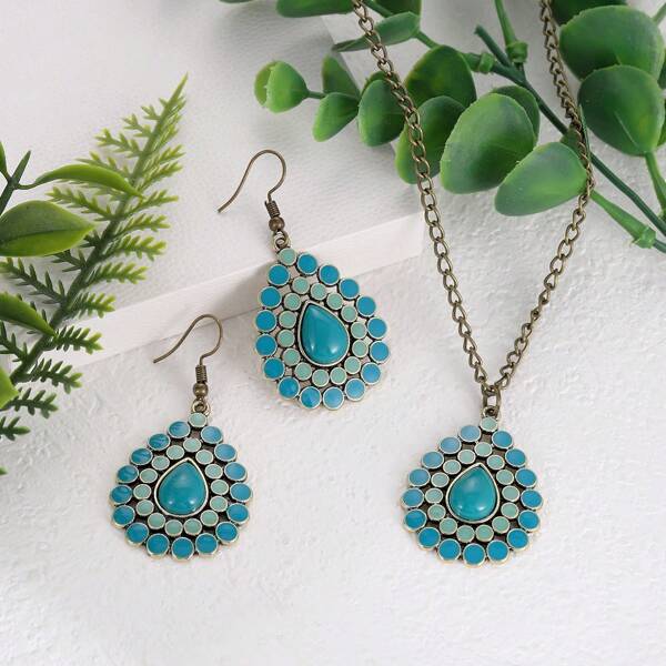 3Pcs Bohemian Vintage Flower Water Drop Hanging Earrings & Necklace For Women Multicolor Drop Oil India Dangle Earrings Jewelry Gift