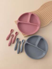 PopLittleOne 4PCS Baby Silicone Tableware Sets Suction Baby Dishes Soft Kids Utensils Feeding Training Baby Meal Tray Non-Slip Three-Frame Plate For Boy Girl - Multicolor - View 6