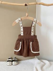 Baby Girl Sweet Lace Trim Floral Ribbon Corduroy Ditsy Floral Suspender Dress, Spring/Autumn - Brown - View 9