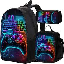 3 PiecesGaming Keyboard And Controller Patterned Backpack For Teens And Adults With Personalized Style, Book Bag, Lunch Bag, Pen Pouch - Multicolor - View 1
