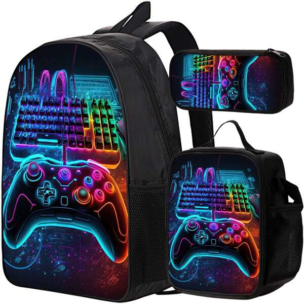 3 PiecesGaming Keyboard And Controller Patterned Backpack For Teens And Adults With Personalized Style, Book Bag, Lunch Bag, Pen Pouch