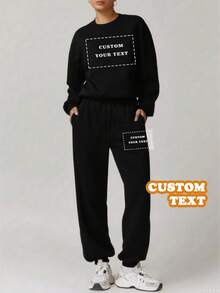 Customize Personalized Gifts With Unique Design, Add Your Own Text And Images (Badge Pattern/Company Logo/Family Photo/Selfie/Pet), Personalized Sweatshirt And Sweatpants Two Pieces Set - Black - View 1