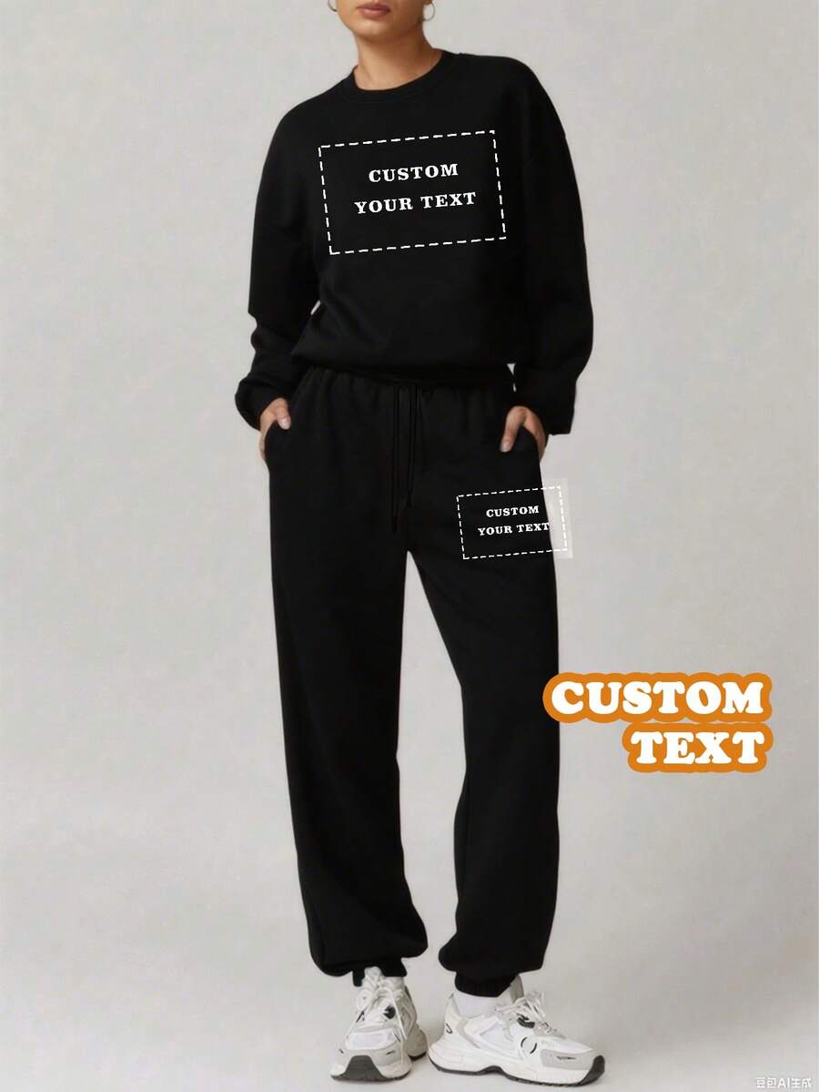 Customize Personalized Gifts With Unique Design, Add Your Own Text And Images (Badge Pattern/Company Logo/Family Photo/Selfie/Pet), Personalized Sweatshirt And Sweatpants Two Pieces Set - Black - View 1