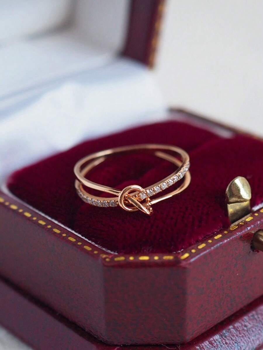 1pc S925 Sterling Silver Synthetic Zirconia Knot Line Silver Ring, Exquisite Jewelry Gift, Suitable For Vintage Women Jewelry, Gift For Lover - Rose Gold - View 1