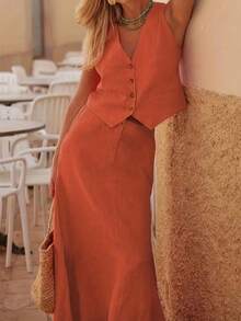 女士纯色优雅背心半裙高端时尚夏季套装 - 橘紅色 - 查看 4