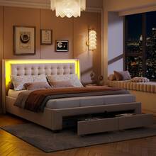 Letto matrimoniale con materasso ad aria compressa 140x190 cm, con LED, letto con contenitore e cassetti, letto contenitore con rete a doghe in legno, rete idraulica in metallo, velluto, beige