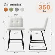 26" Bar Stools Set Of 2, Upholstered Velvet Counter Height Barstools With Back And Metal Legs, Modern Island Chairs For Kitchen Island - White - View 3