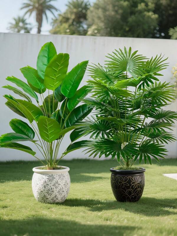 2 pièces/set Ensemble d'arbres de palmier artificiels, arbre à bananes + feuilles d'éventail, plantes tropicales, 24 pièces de feuilles en plastique plus larges, toujours verts pour une utilisation intérieure et extérieure