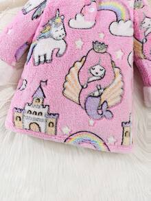 Baby GirlFluffy Cute Casual Comfortable Long Sleeve Hooded Dress, Unicorn & Mermaid Pattern, Suitable For Autumn/Winter