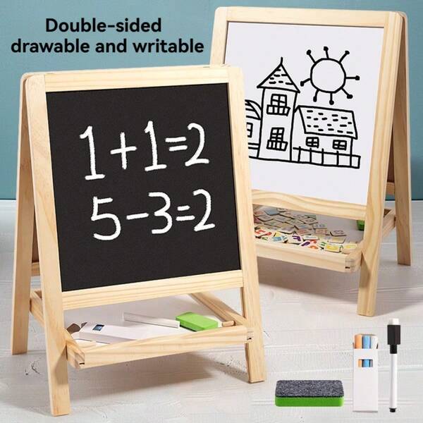 Wooden 2-In-1 Folding Double-Sided Drawing Board With Alphabet Numbers Shapes, Educational Learning Toy For Shape Recognition, Arithmetic Operations, Doodle Art Set, Christmas Birthday Gift