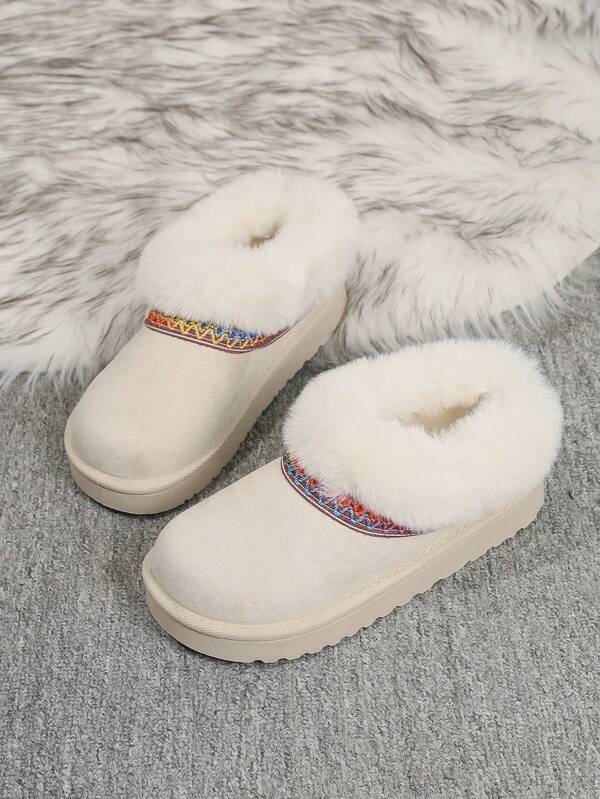 Pantofole di casa imbottite e soffici da donna, stivali da neve invernali caldi e scorrevoli, stivali bassi comodi da esterno in pelle scamosciata sintetica e con patchwork di pelliccia finta