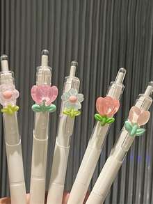 1 支/5 支速干郁金香花圆珠笔、记号笔、黑色墨水按压笔、高品质少女透明笔、卡通按压笔、办公和学校用品、返校必备（颜色随机）