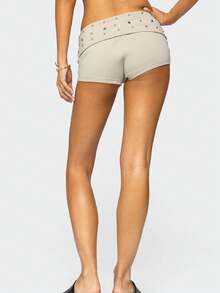 Women Y2K Studded Foldover Micro Shorts Vintage Low Waist Slim Fit Mini Shorts Summer Boxer Short Party Clubwear - 米色 - 查看 4