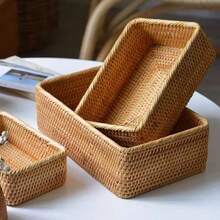 1件/3件藤条储物篮，零食水果收纳盒，柳条篮，浴室托盘，编织矩形面包篮，家用书桌柜台收纳装饰篮 - 長方形藤編籃 - 查看 5